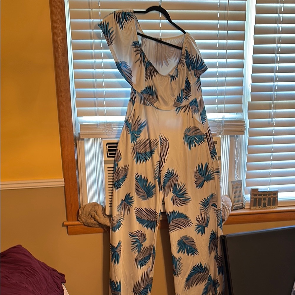 Blue and White Floral Jumpsuit with Asymmetrical Neckline